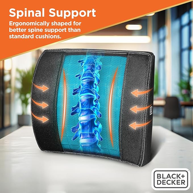 BLACK+DECKER Cooling Gel Lumbar Memory Foam Cushion – Ergonomic Back Support Travel Pillow with Ventilated Mesh, Adjustable Strap, Slow Rebound Memory Foam, Washable Cover