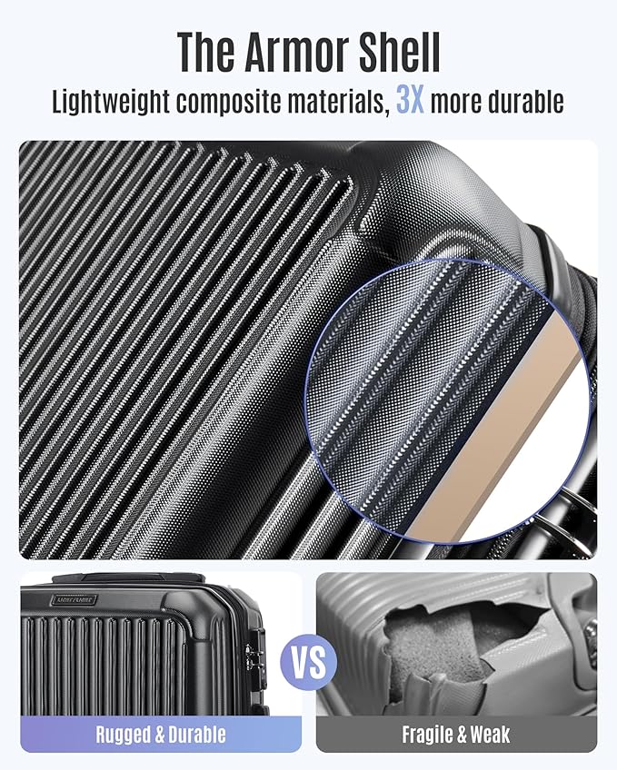 LIGHT FLIGHT Carry On Luggage 22x14x9 Airline Approved, Durable Hard Shell Carry On Suitcases with Wheels, Expandable Hardside Lightweight Travel Luggage with TSA Lock 20 Inch Carry on, Black
