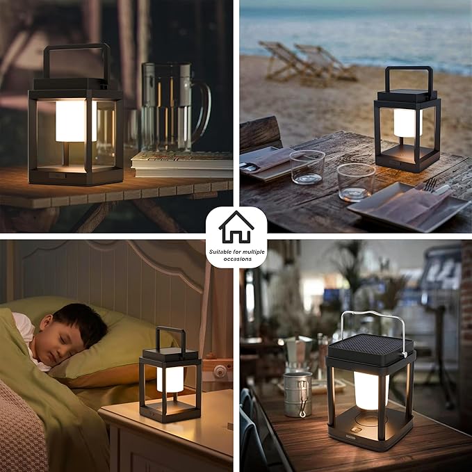 Outdoor Solar Table Lamp, 3-Level Brightness Warm LED Lantern, USB & Solar Powered Solar Lantern Waterproof, Touch Control Outdoor Lamps, Portable Cordless Lights for Patio, Balcony, Bedroom