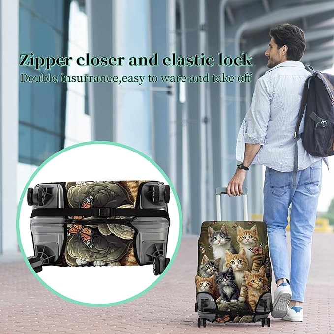 Luggage Cover + Tag, Cats Family Travel Suitcase Protector for 18-20 inch Luggage (S) with Concealed Zipper, Washable Elastic Cloth, Dustproof, Anti-Scratch