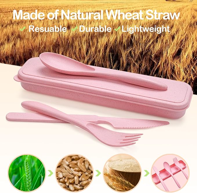 Reusable Travel Utensils Set with Case, 3 Sets Wheat Straw Portable Knife Fork Spoons Cutlery, Eco-Friendly BPA Free Plastic Tableware for Kids Adults Travel Picnic Camping Utensils