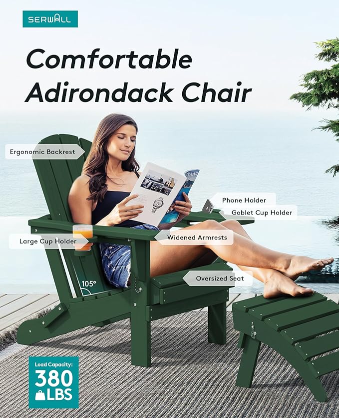 SERWALL Adirondack Chair with Cup Holders - Composite Adirondack Chairs Set of 2 HDPE Outdoor Chairs All Weather Use- Green