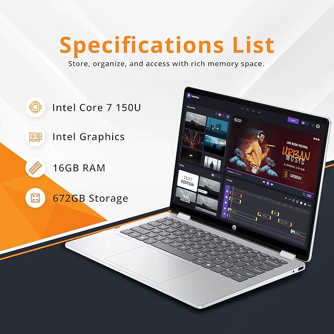 HP OmniBook 5 Flip 2-in-1 14" 2K Touchscreen Laptop, Intel 7 150U, 16GB LPDDR5, 672GB Storage(512GB SSD+160GB Docking Station Set), Intel Graphics, Backlit Keyboard, Wi-Fi 6E, Windows 11, Silver