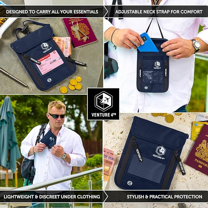 VENTURE 4TH Passport Holder Neck Pouch With RFID Blocking – Hidden Neck Wallet (Navy Blue)