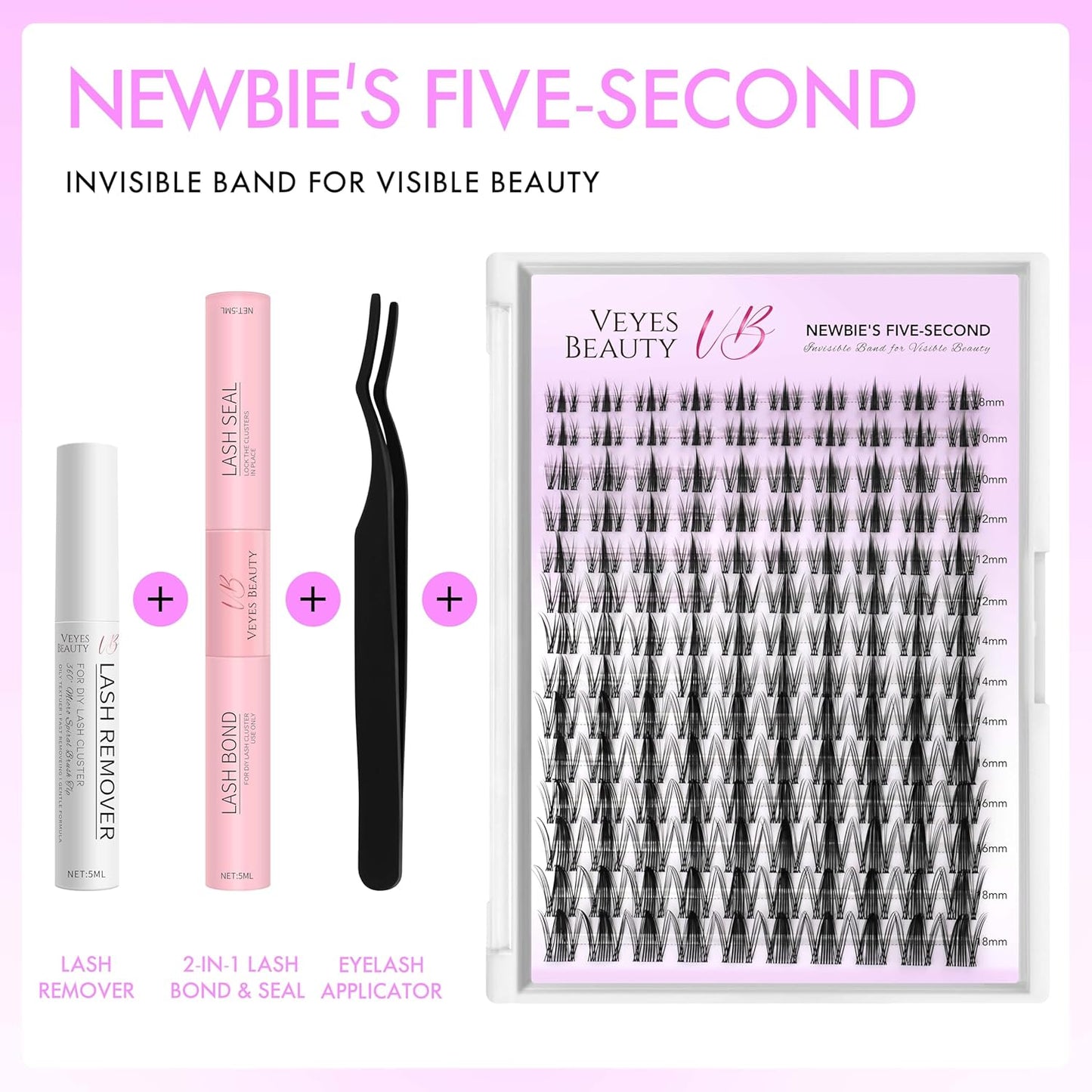 VEYESBEAUTY Lash Clusters Kit Eyelash Extensions Thin & Invisible Band DIY Individual False Eyelashes Newbie's Five-Second Series Wispy Lash Tray for Self-application, Manga Lash 8-18mm Mixed Length