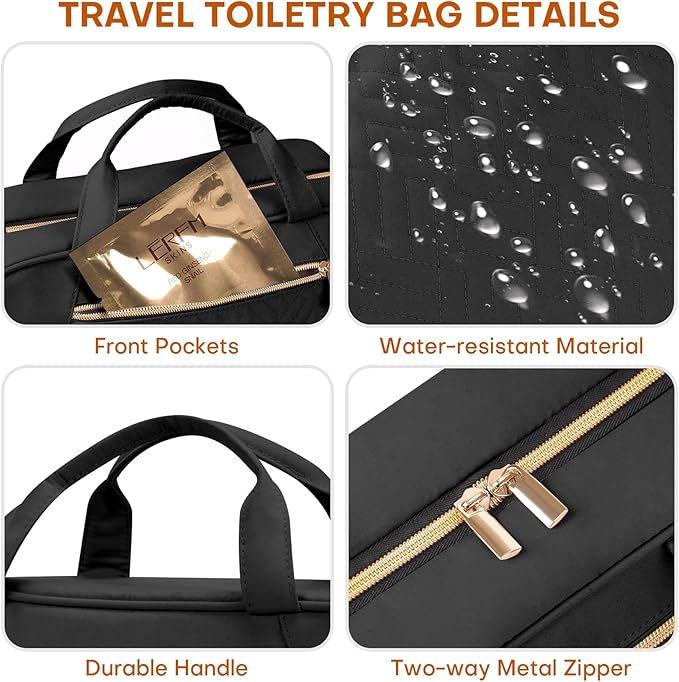 Hanging Toiletry Bag for Women Travel, 2 Sizes Large & Small Waterproof Cosmetic Organizer with 4 Compartments, Rotating Hook, Foldable Pink Travel Bag for Toiletries & Makeup - Medium Black
