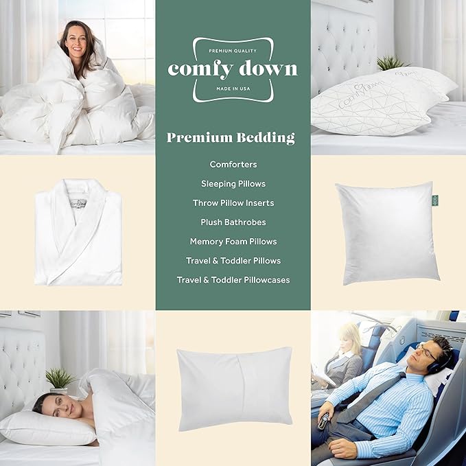Goose Down Travel Pillow - Filled with 800 Fill Power European Goose Down, Egyptian 300 Thread Count 100% Cotton Cover for Plane car & Home - Made in USA (13" x 18")