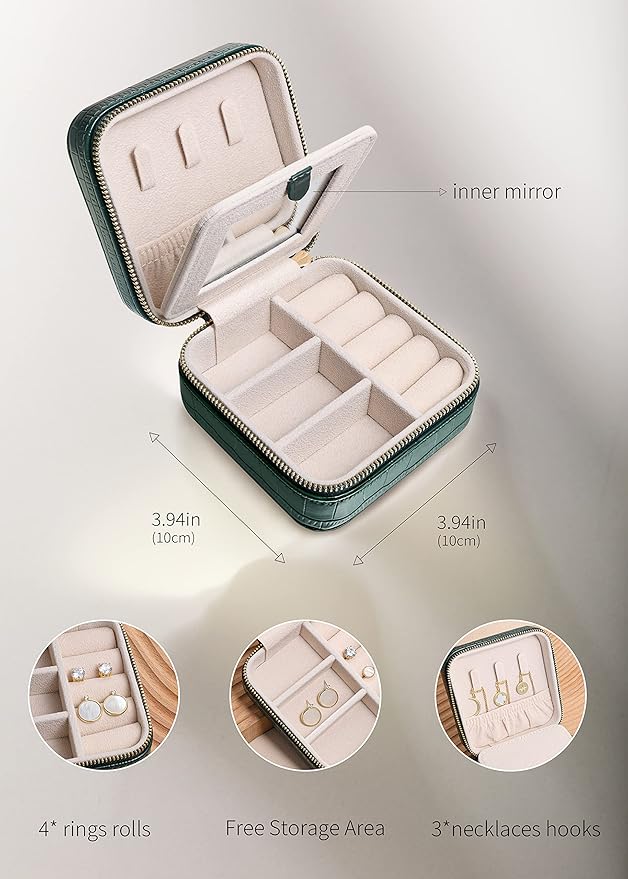 S.Leaf Mini Travel Jewelry Case - Portable Organizer Box for Women - Crocodile Emerald Pattern