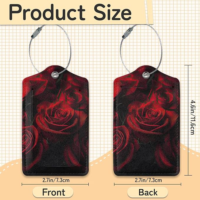 3 Pack Red Rose Luggage Tags for Suitcases, Cute Leather Name Tag with Privacy Cover with Stainless Steel Loops, Travel ID Bag Tags for Women Men