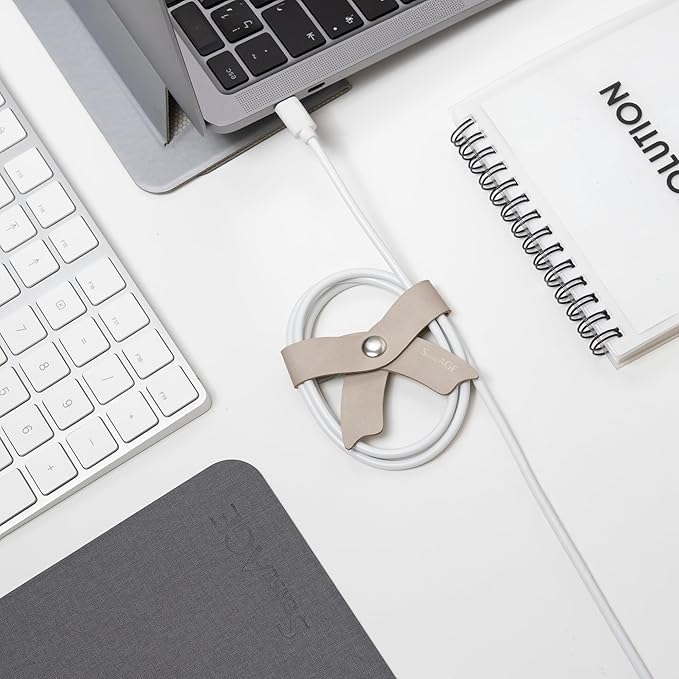 SenseAGE 5 Pack Cord Organizer, Bow Cord Keeper, Cable Organizer USB holder, Leather Cable Management, Cable Straps, Earphone winder, Storage Straps for Electronics, Earbuds (Baby Blue, Small)