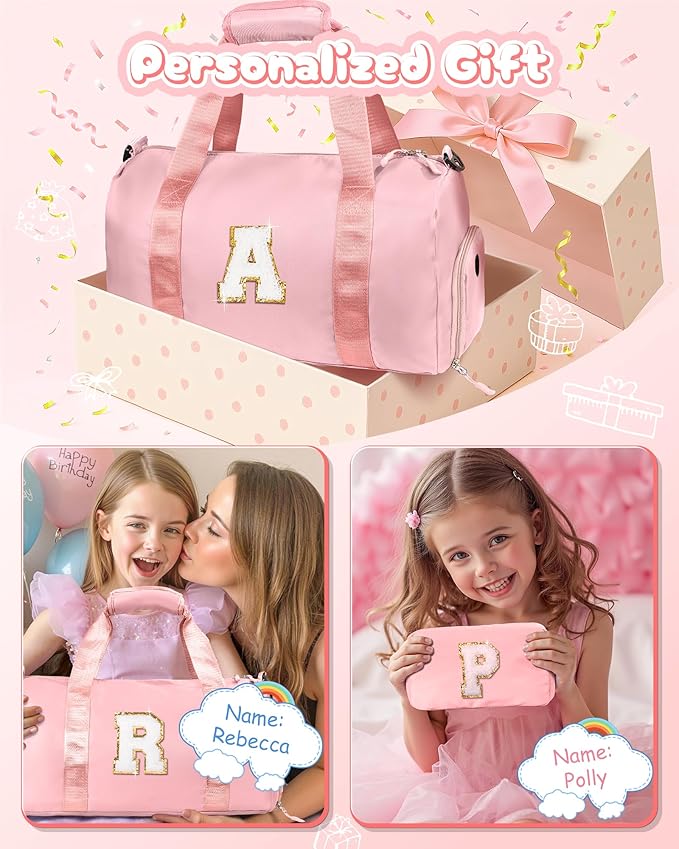 Girls Cheer Up Gifts-Girl Gym Bag with Shoe Compartment, Kid Personalized Weekender Overnight Bags, Initial Travel Tote with Makeup Pouch, Graduation Gift for Niece Kids Daughter (Letter K)