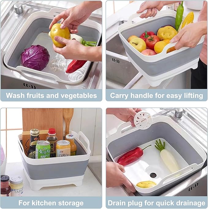 2.4 Gal(9L) Collapsible Dish Basin with Drain Plug - Multiuse Foldable Wash Basin for Baby Bottles, Space-Saving Multiuse Dish Tub, Kitchen Sink for Camping, Dishes Washing, RV (Gray)