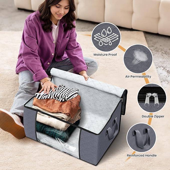 Fab totes 6 Pack Clothes Storage, Foldable Thick Fabric Blanket Storage Bags, Containers for Organizing Bedroom, Closet, Clothing, Comforter,Closet Organization with Handle,Grey