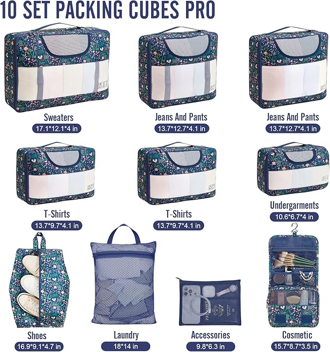 Veken 10 Set Packing Cubes for Travel Essential, Suitcase Organizer Bags in 4 Sizes, Carry-On Luggage Accessories with Large Laundry & Hanging Toiletry Bag, Must-Have for Airplane, Road Trip & Camping