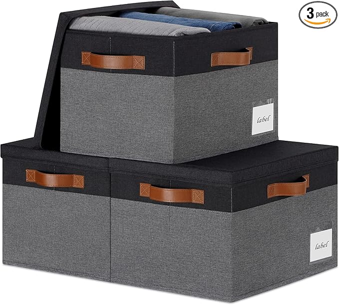 Large Storage Bins with Lids, Foldable Fabric Storage Baskets with Lids, Sturdy Storage Boxes with Labels and 3 PU Handles for Closet Home Bedroom Office (26L, 3 Packs, Grey&Black)