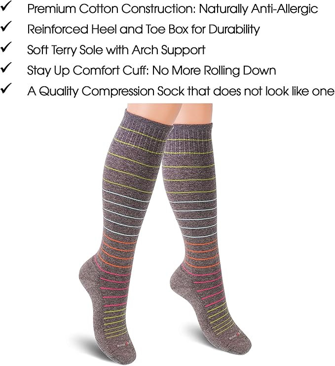 Cotton Compression Socks for Women & Men. 15-20 mmHg Support Knee-High Nude Stripes M/L