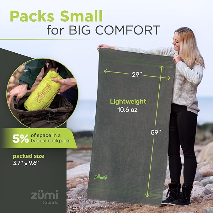 Zumi 100% Cotton Quick Dry Large Travel Towel - Soft, Thin, Compact, Highly Absorbent, Lightweight Camping Towel for Beach, Gym, Bath, Shower, Swimming, Dorm, RV - White