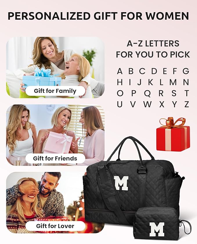 Birthday Gifts-for Women-Initial Duffle Bag with Shoe Compartment, Personalized Weekender Bag, Monogram Overnight Bag, Letter Travel Bag with Makeup Bag，Friend Wife Birthday Gift (Letter C)