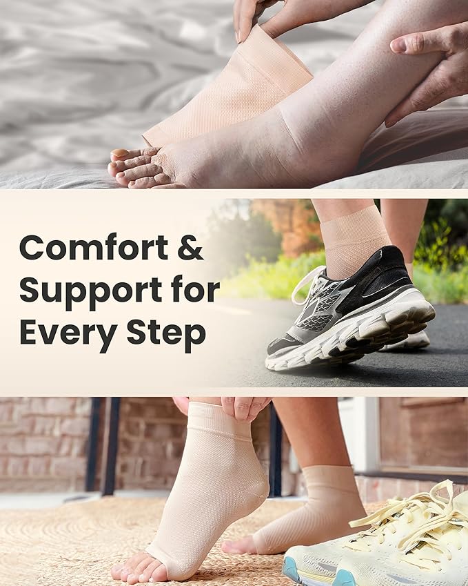 KEMFORD Ankle Compression Sleeve - Plantar Fasciitis Braces - Open Toe Compression Socks for Swelling, Sprain, Neuropathy, Foot Arch Support for Men and Women - 15-20mmhg, 2XL, Beige