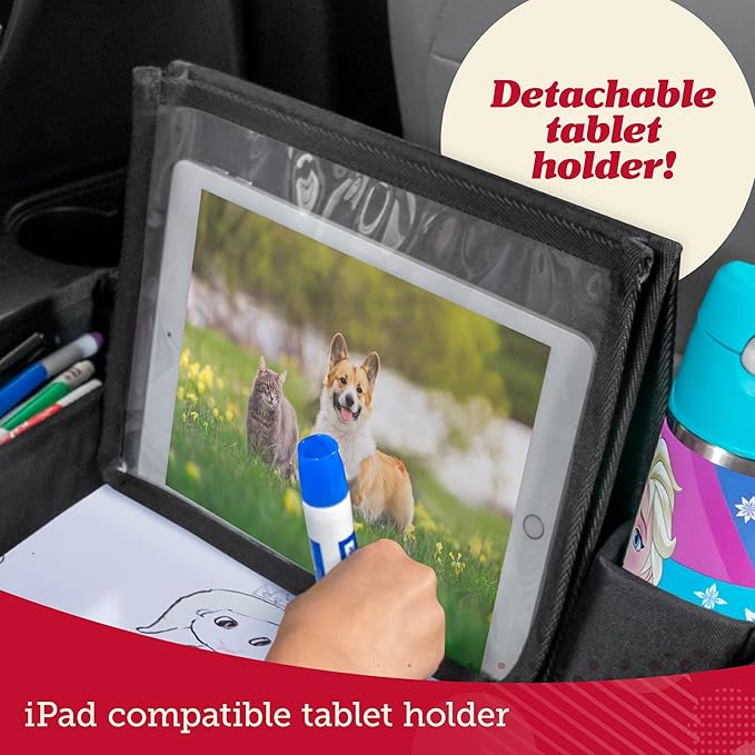 Lusso Gear Kids Travel Tray for Car Seat - Dinos, Oxford Cloth & Plastic - Dry-Erase Tablet Holder with Cup Holder & Storage - Road Trip Essentials & Plane Activity Tray
