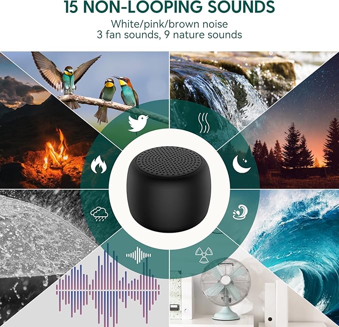 White Noise Machine Babelio Mini Sound Machine for Adults Kids Baby | 15 Non-looping Sounds | Timer | Easy to Pocket and Travel - Black (Pack of 2)