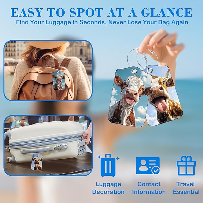 Cute Cow Sticking Out Tongue Luggage Tags for Suitcases Leather Travel Tags for Luggage ID Label with Privacy Cover and Stainless Steel Loop for Men Women Suitcase Backpack, Set of 2