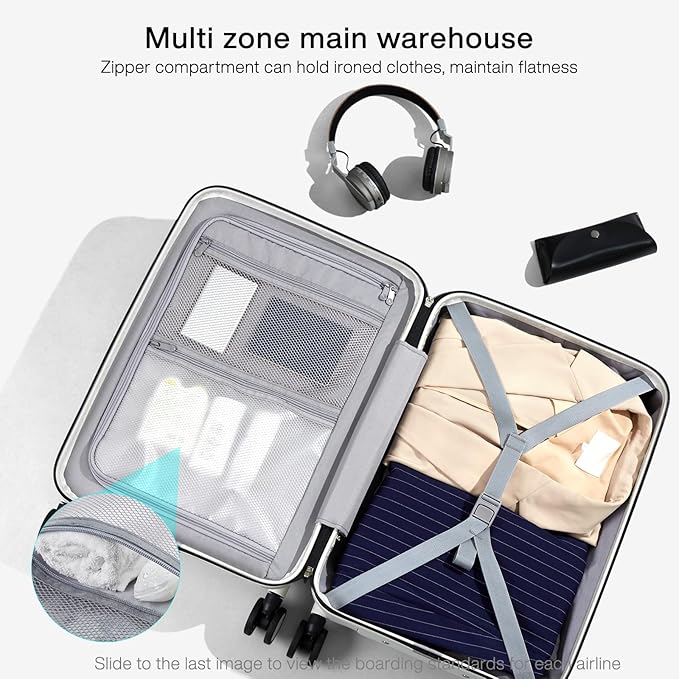 Hanke Grace Expandable Carry On Luggage with Wheels Airline Approved Hard Shell Suitcases with Front Pocket，Top Opening Luggage with TSA Lock for Short Business Travel, Smoke White.