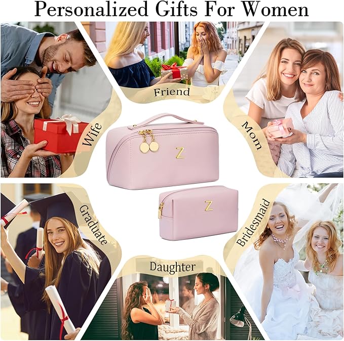 Birthday Gifts for Women Teen Girl, Personalized Initial Makeup Organizer Bag Set, Open Flat Travel Cosmetic Bag With Clear Divider and Handle(Pink,Z)