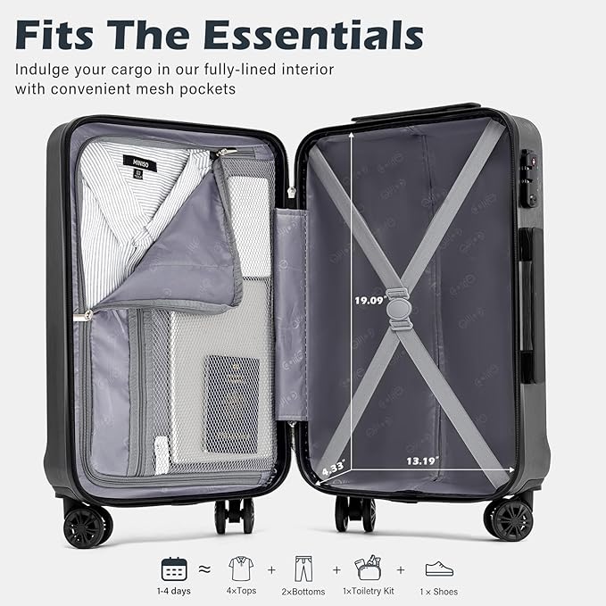 Coolife Luggage Suitcase PC+ABS with TSA Lock Spinner Carry on Hardshell Lightweight 20in 24in 28in (grey, S(20in))