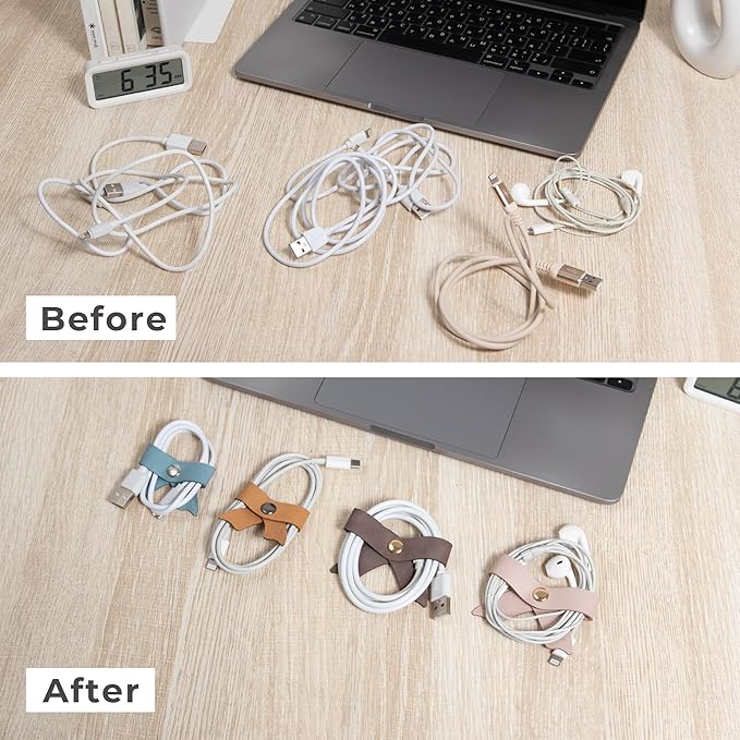 SenseAGE 5 Pack Cord Organizer, Bow Cord Keeper, Cable Organizer USB Holder, Leather Cable Management, Cable Straps, Earphone Winder, Storage Straps for Electronics, Earbuds (Choco Brown, Big)
