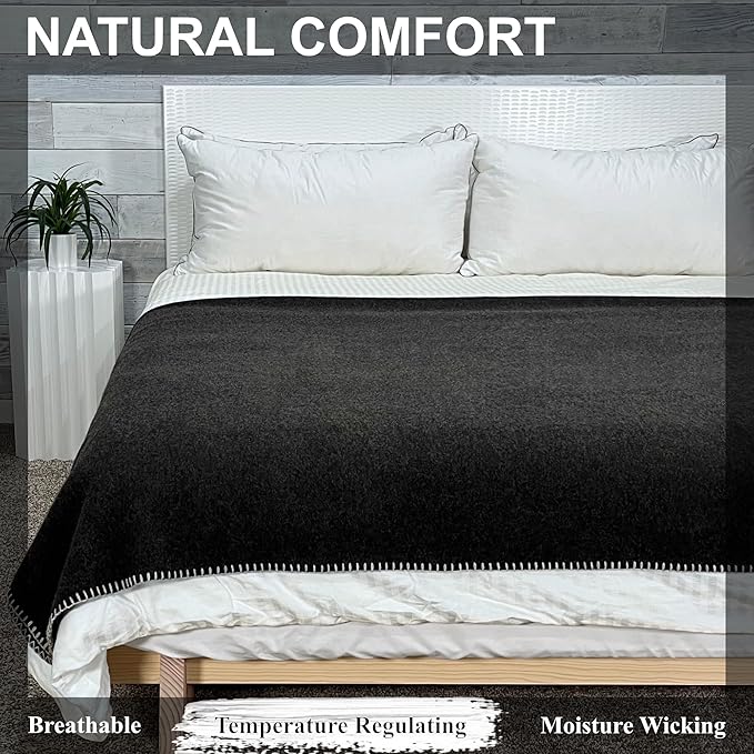 EKTOS 100% Virgin Wool Blanket, 90" x 90", 100 Percent Woolen, Washable Pure Wool (Charcoal, Queen Size)