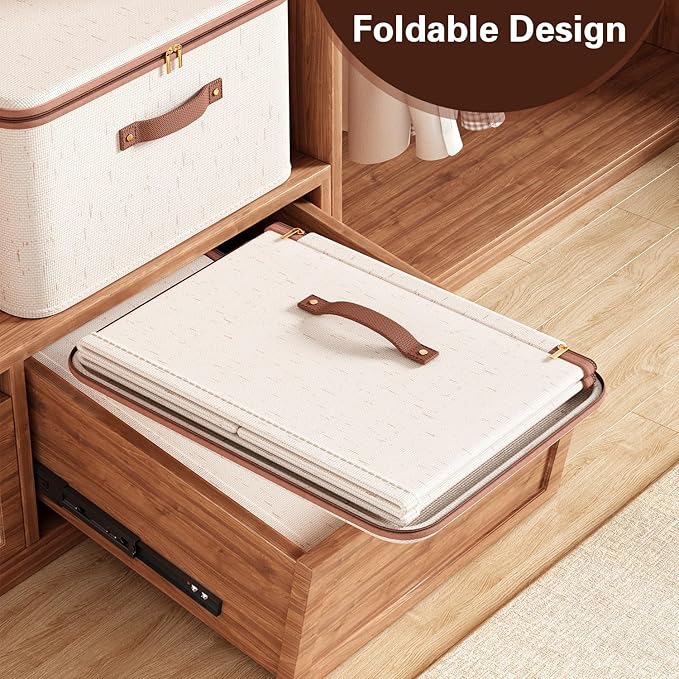 Tuza 3 Pcs Rigid Storage Bins with Zipper Lid, Cotton Linen Fabric Storage Boxes, Foldable Shelves Clothes Storage Cubes with Handles for Wardrobe, Closet(Beige, 15L)