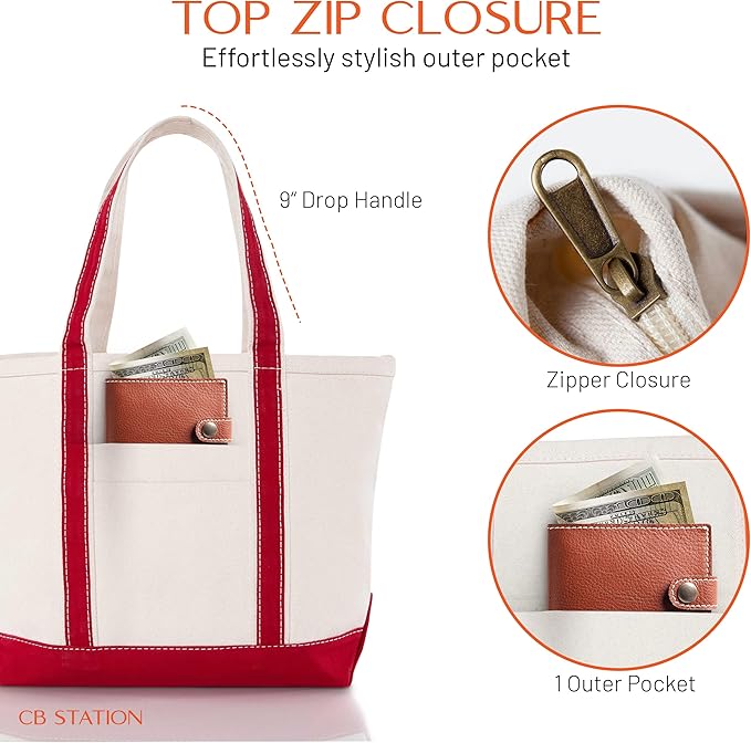 CB STATION Medium Classic Canvas Tote Bag for Women, Top Zipper Closure, Outer Pocket, Daily Essentials, Groceries, Traveling
