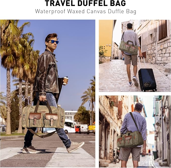 Wildroad Waxed Canvas Duffle Bag - 60L Waterproof Genuine Leather Weekender Overnight Travel Hand Bag
