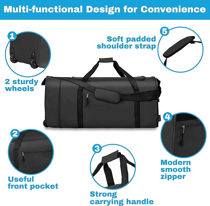 Finnhomy 100L Foldable Rolling Duffel Bag with 2 Wheels, Light Weight Travel Duffel bag with Large Loading Capacity, 32 inch Rolling Duffel bag with Shoulder Strap for Travel Camping Sports, black