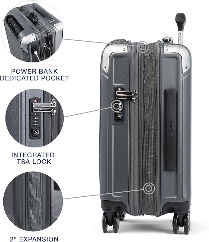 Travelpro Platinum Elite Hardside Expandable Carry on Luggage, 8 Wheel Spinner, TSA Lock, Hard Shell Polycarbonate Suitcase, Vintage Grey, Compact Carry on Laptop Pocket 20-Inch