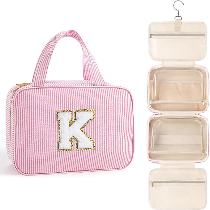 TOPEAST Initial Toiletry Bag Travel Makeup Bag for Women - Hanging Toiletry Bag, Personalized Birthday Gifts for Women, Vacation Airplane Essentials - Letter K, Pink