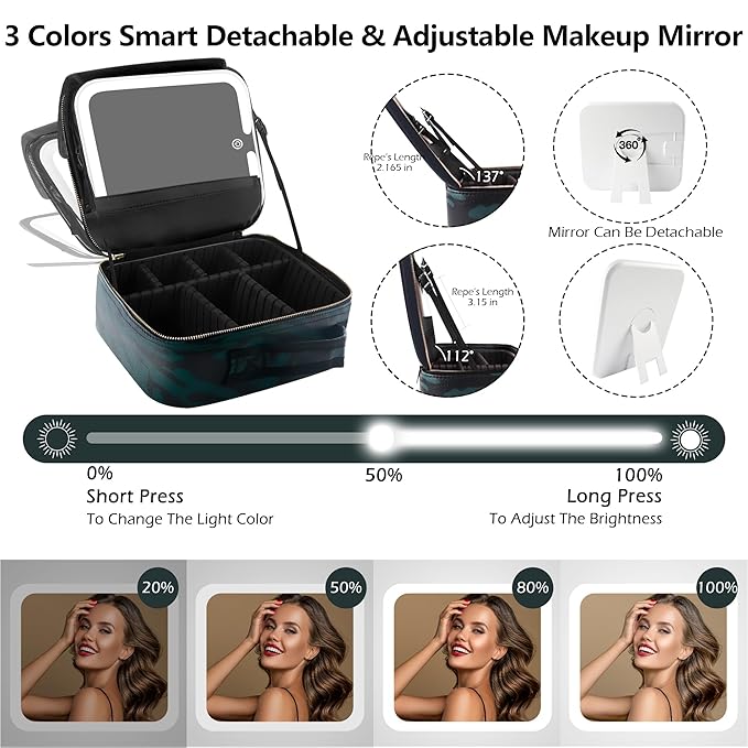 MOMIRA Travel Makeup Bag Cosmetic Bag with Lighted Mirror, Adjustable Brightness in 3 Color Scenarios, Waterproof, 10x Magnifying Mirror, Rotatable Independent Light Mirror- Zebra Green