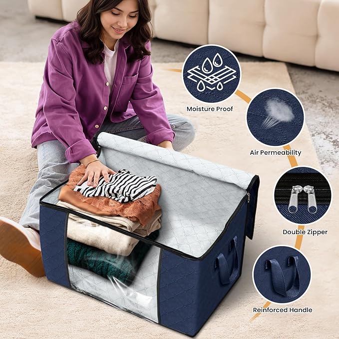 Fab totes 24 Gallons Clothes Storage, Foldable Thick Fabric Blanket Storage Bags, Containers for Organizing Bedroom, Closet, Clothing, Comforter, Organization with Handle (10 Pack,Blue)