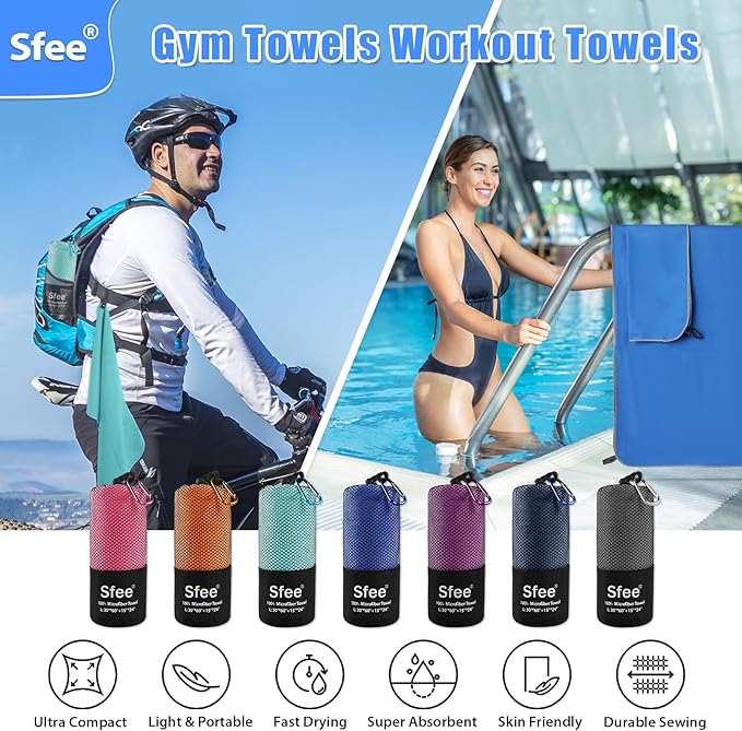 Sfee 2 Pack Microfiber Travel Towel, Quick Dry Towel Camping Towel Large Beach Towel Super Absorbent Compact Lightweight Sport Gym Towels for Beach, Gym, Hiking, Pool, Backpacking, Bath, Yoga