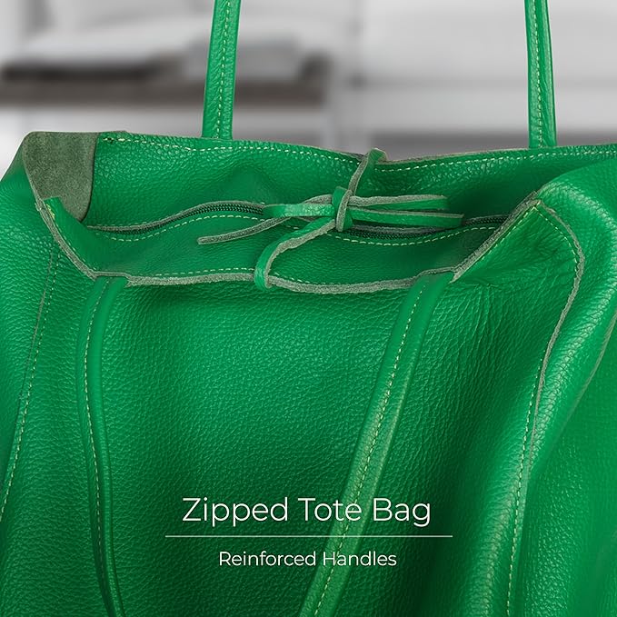 Italian Calf Leather Tote for Women with Zipper, Inner Pocket & Flat Base | Soft Unlined Shopper for Work & Travel