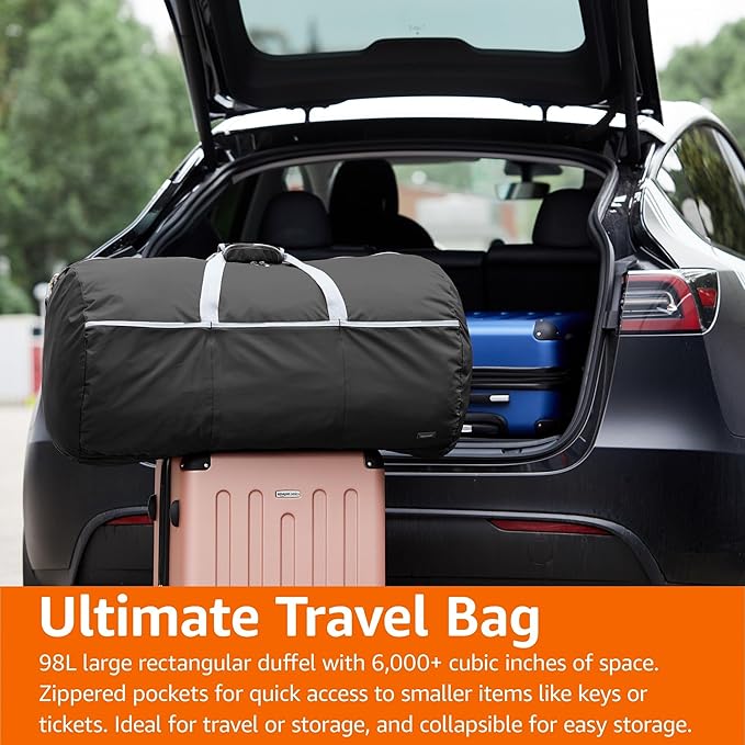 Amazon Basics 32.4" Extra Large Foldable Duffle Bag for Travel & Storage, with Exterior/Interior Zippered Pockets, Lightweight/Durable Nylon Material, 50-LBS Capacity, 9254 Cubic Inch (150L), Black