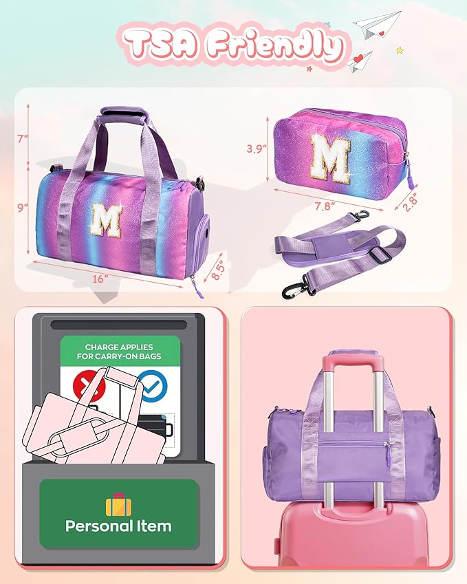 Girls Trip Gifts for Kids-Girl Gym Bag with Shoe Compartment, Kid Personalized Weekender Overnight Bags, Initial Travel Tote with Makeup Pouch, Valentines Day Gift (Letter P)