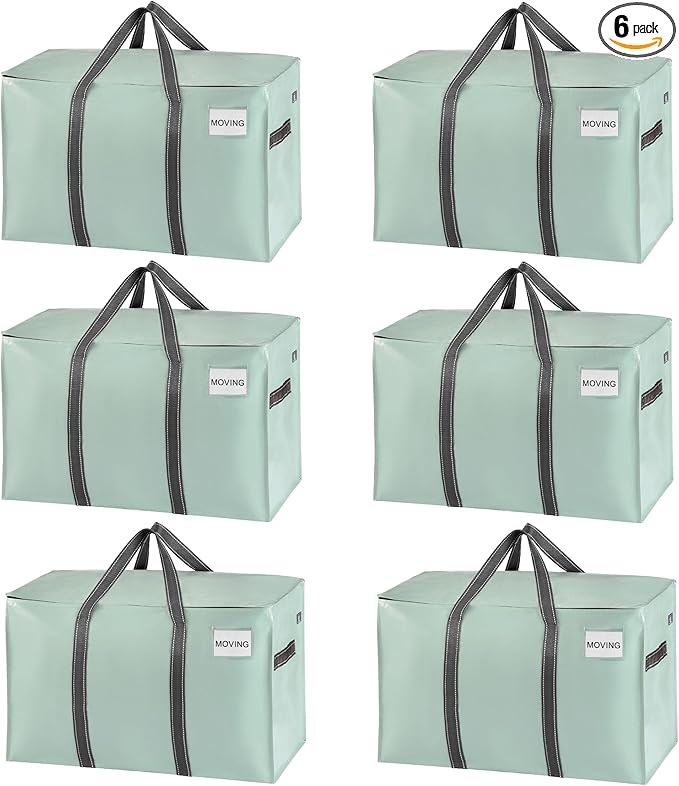 VENO 6 Pack Moving Bags, Heavy Duty, Moving Boxes Alternative, Packing Storage Supplies for Dorm Room Essentials with Zipper for Clothes, Extra Large Totes for Packaging (Shiny Light Green, 6 Pack)