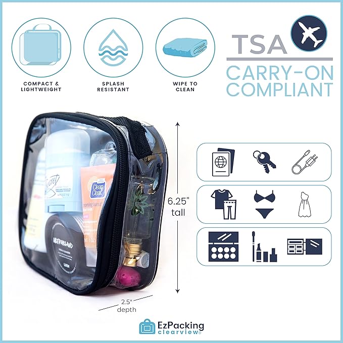 Clear TSA Approved 3-1-1 Travel Toiletry Bag for Carry On / Quart Size Transparent Liquids Pouch for Airport Security / Reusable See Through Vinyl & PVC Plastic Organizer for Men and Women (Black)