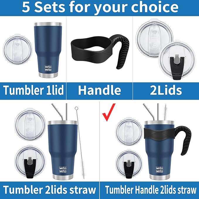 WETOWETO 30oz Insulated Tumbler With 2 Lids and 2 Straws, Stainless Steel Double Vacuum Coffee Tumbler Cup with Handle, Powder Coated Travel Mug for Home, Office, Travel, Party (Black, 1 Pack)