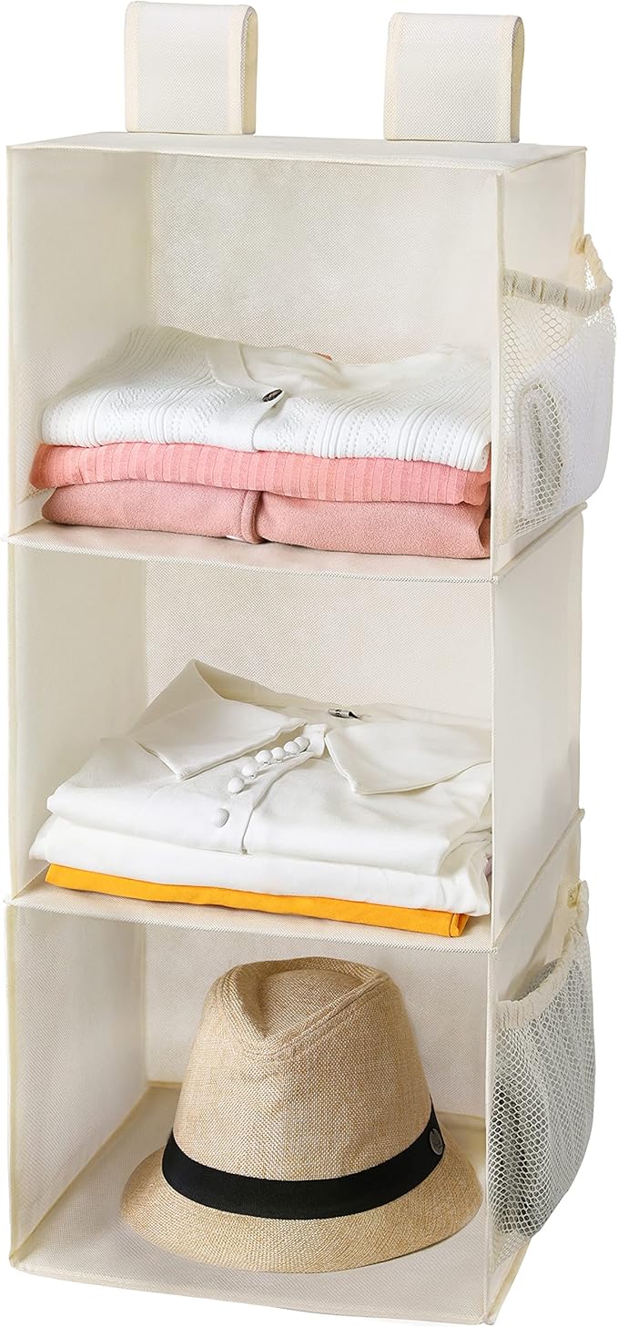 MAX Houser 3-Shelf Hanging Closet Organizer, Hanging Sweater Organizer, Foldable Hanging Shelves for Closet with 2 Velcro, Beige