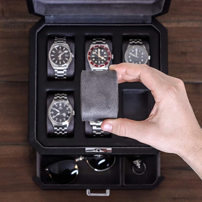 ROTHWELL 6 Slot Leather Watch Box with Valet Drawer - Luxury Watch Case Display Organizer, Microsuede Liner, Locking Mens Jewelry Watches Holder, Men's Storage Boxes With Large Glass Top (Black/Grey)