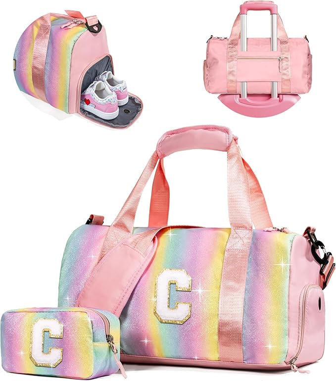 Gifts for 3 4 5 6 7 8 9 Year Old Girls-Girl Gym Bag with Shoe Compartment, Kid Personalized Weekender Overnight Bags, Initial Travel Tote with Makeup Pouch, Easter Gift for Teen (Letter C)