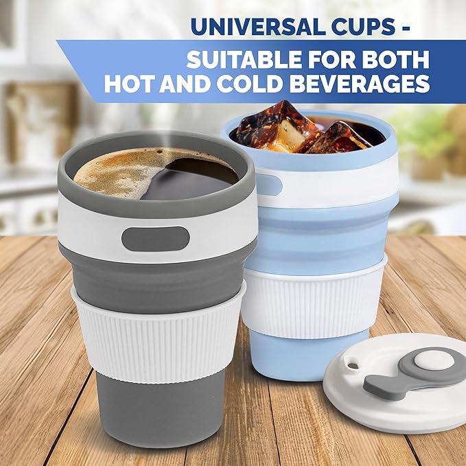 2-Pack Collapsible Coffee Cup Reusable – 12oz Leakproof Travel Coffee Mug, Silicone, Foldable & Portable for Hiking, Camping, Office | Lightweight, Heat-Resistant, Easy to Clean, Outdoor & Travel Cup